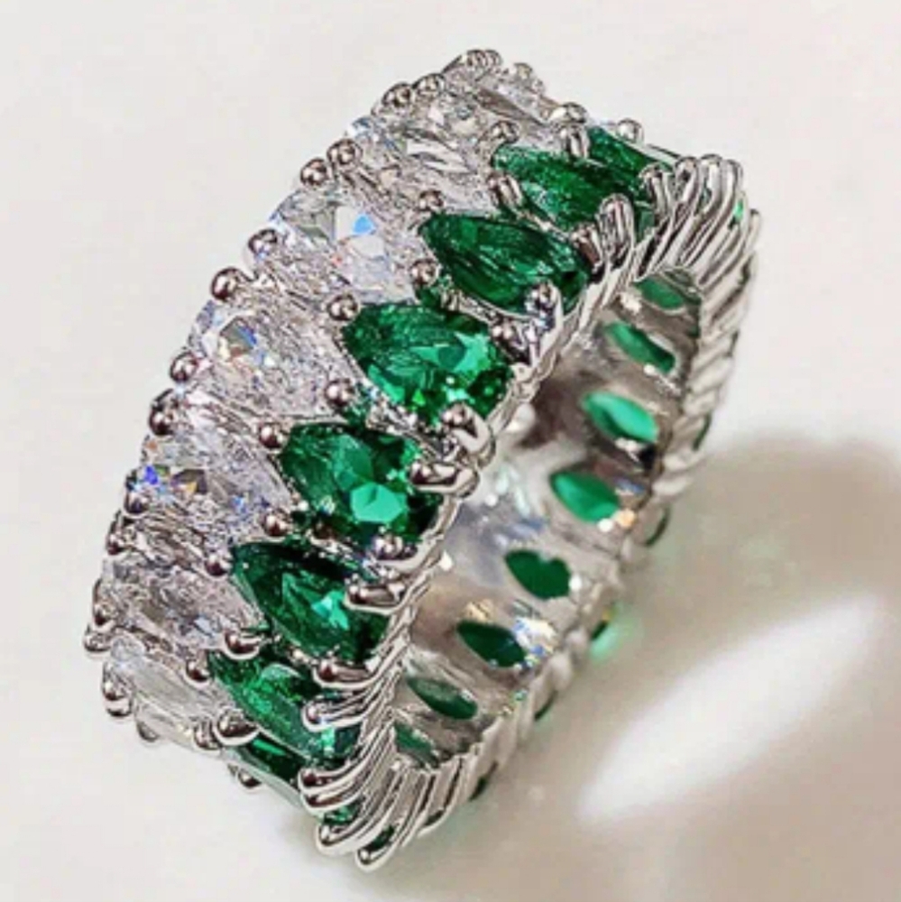 #18 Silver Luxury Cubic Zirconia Double Teardrop Ring Green & Silver, Copper